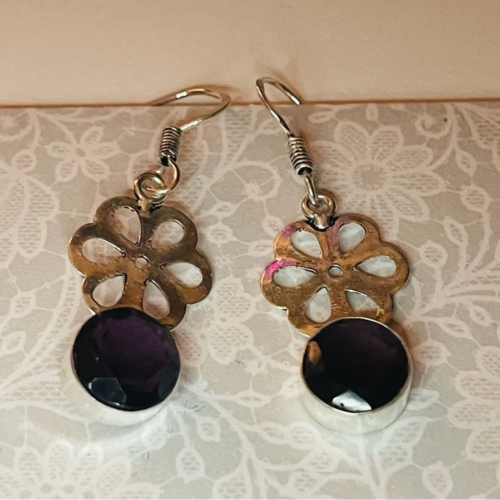 New Artisan 925 Sterling Silver Natural Amethyst Gem Daisy Handmade Earrings